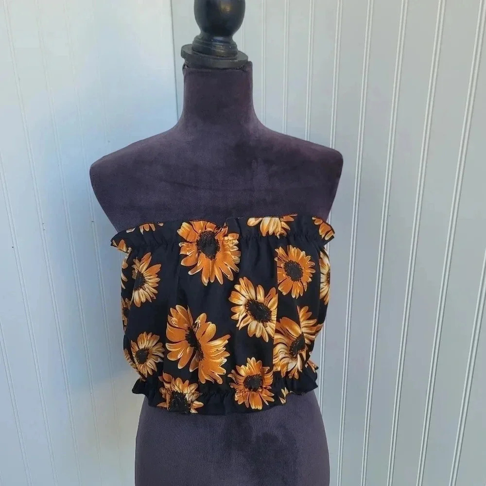 Shein Curve Womens Crop Tank Top Black Yellow Sunflowers Size 2XL